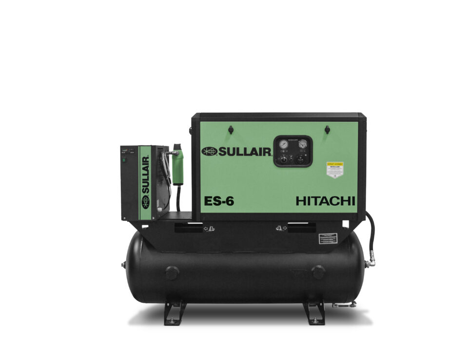 CompressAir | Green and black sullair hitachi es-6 air compressor on a large horizontal black tank, isolated on a white background.
