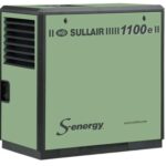 CompressAir | Green sullair 1100e industrial air compressor with the senergy logo and website address on its side.