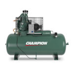 CompressAir | Industrial green champion air compressor with a large horizontal tank and mounted engine.