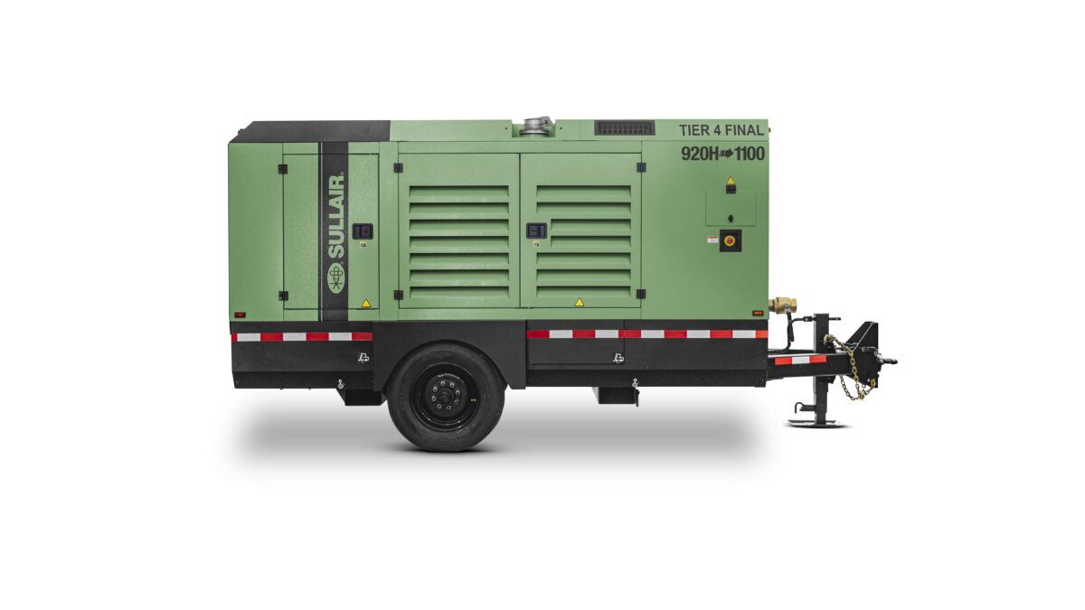 CompressAir | Side view of a large green industrial generator on wheels, isolated on a white background.