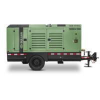 CompressAir | Side view of a large green industrial generator on wheels, isolated on a white background.