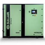CompressAir | A sullair ds45 oil-free air compressor with hitachi branding, featuring a digital control panel on a light green and black enclosure.
