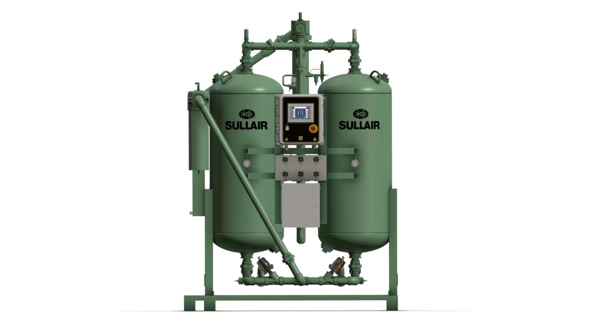 CompressAir | A green Sullair industrial air compressor with two vertical tanks, a control panel in the center, and various pipes and connections.