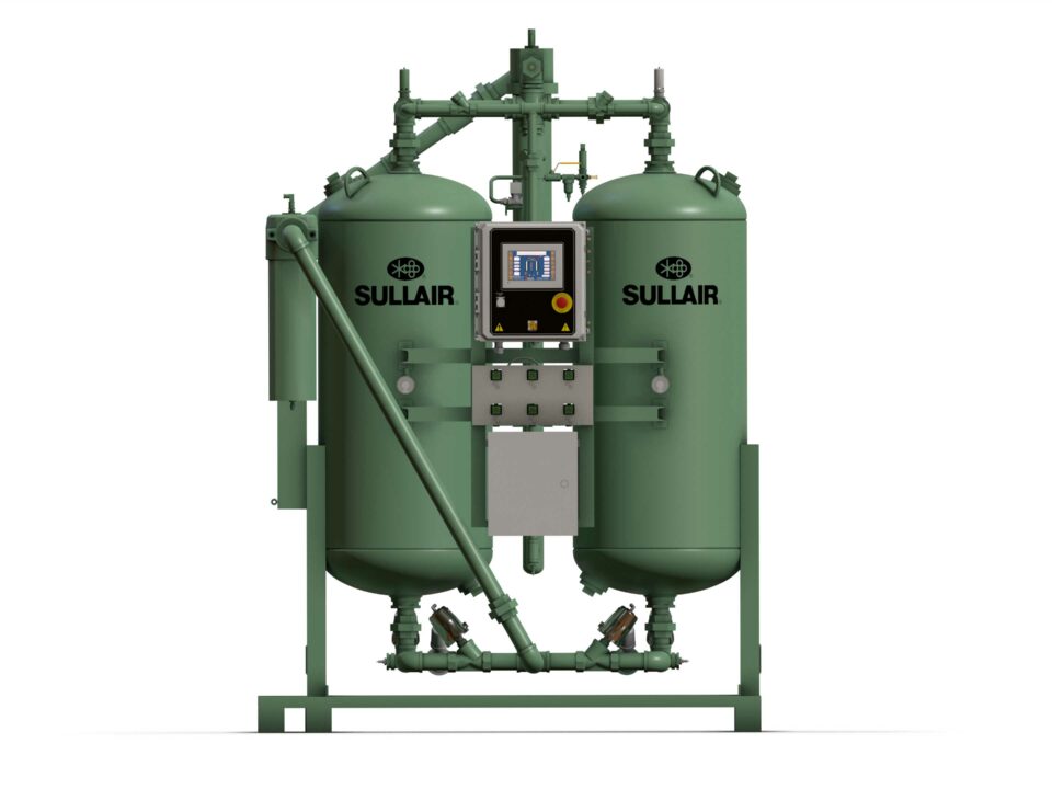 CompressAir | A green Sullair industrial air compressor with two vertical tanks, a control panel in the center, and various pipes and connections.