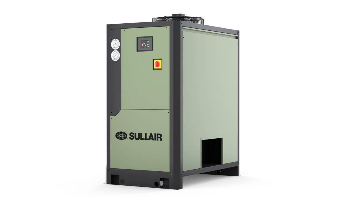 CompressAir | A Sullair industrial air compressor with a green and black exterior, featuring control dials and a digital display on the front panel.