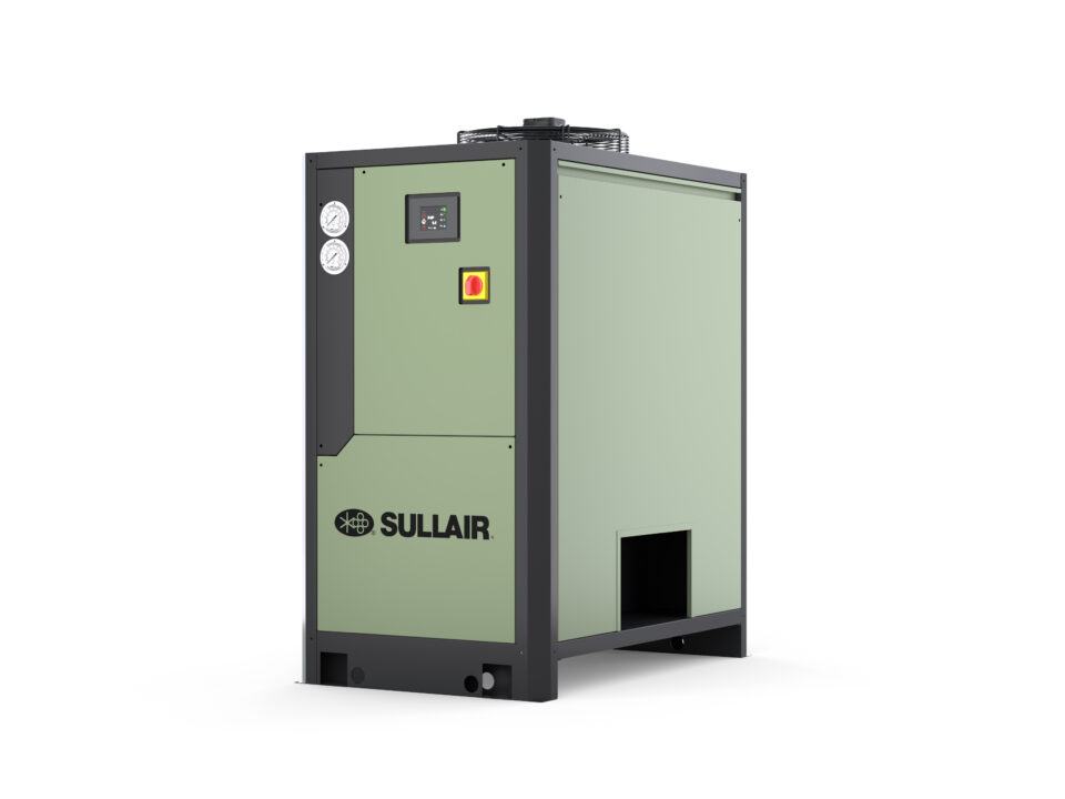 CompressAir | A Sullair industrial air compressor with a green and black exterior, featuring control dials and a digital display on the front panel.