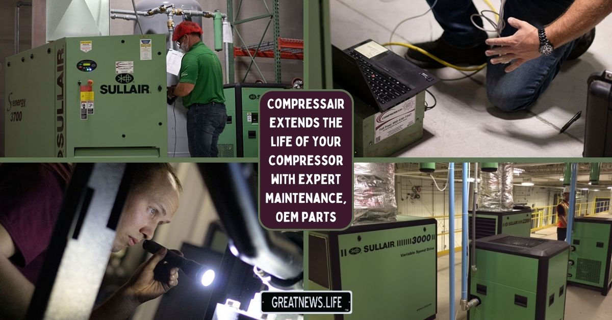 CompressAir | Technicians perform maintenance on industrial air compressors, highlighting the use of OEM parts to extend the compressor's life. One image features a laptop connected for diagnostics. Text reads: "CompressAir.